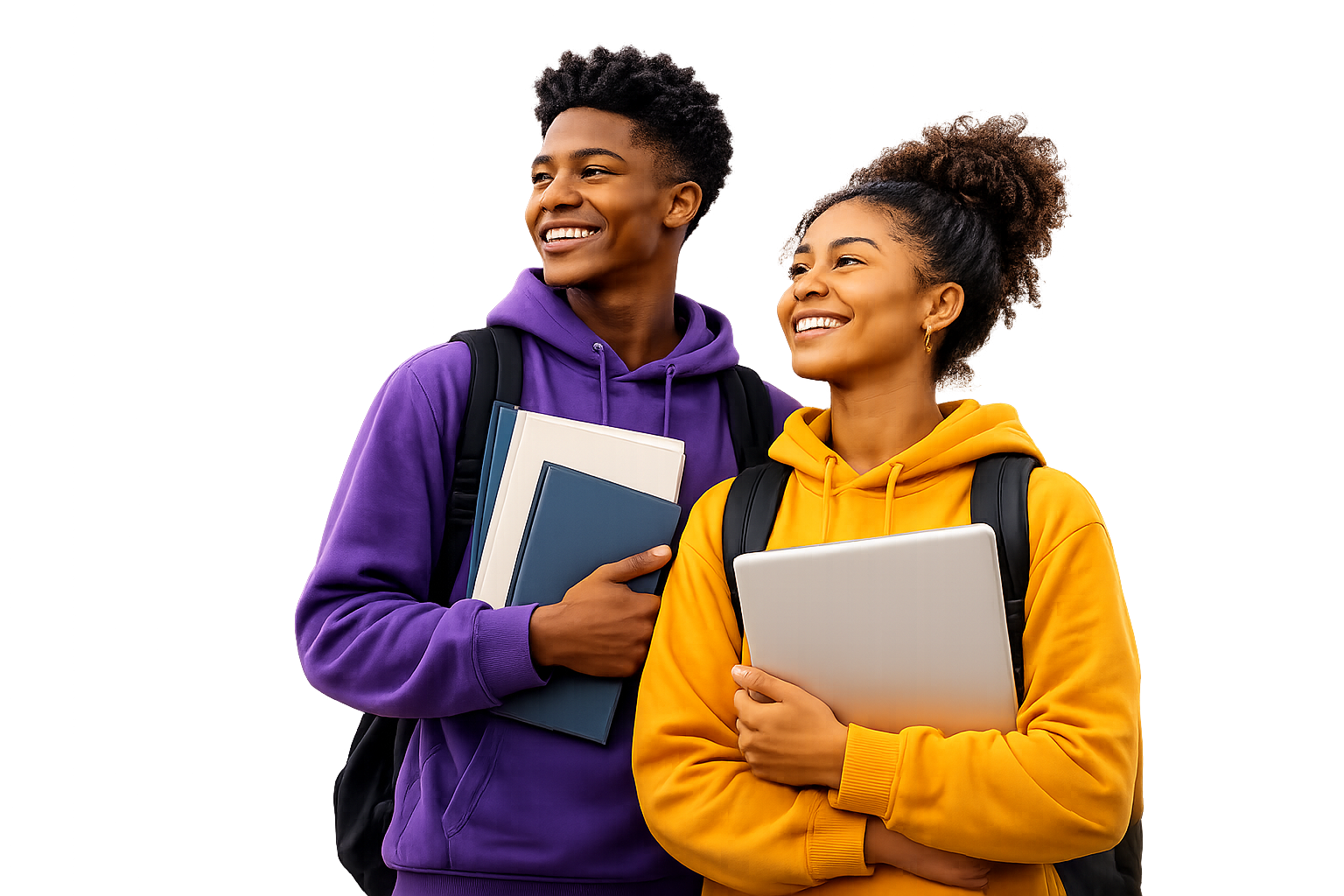 Two smiling students holding books and a laptop